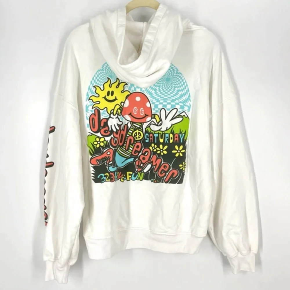 Daydreamer Size XS Oversized‎ Mushroom Doodle Hoodie Sweatshirt White Hippie